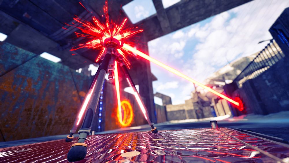Screenshot from Talos Principle 2, showing a laser beam going through a hole in the wall, bouncing off a connector into the receiver. The depth of field is low, so only the connector close to the camera is in focus.