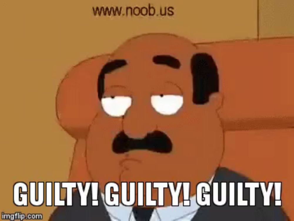 a cartoon character is sitting in a chair with the words guilty guilty guilty