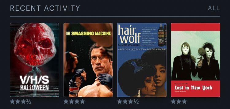 Letterboxd Recent Activity (left to right):
V/H/S Halloween
The Smashing Machine
Hair Wolf
Lost in New York