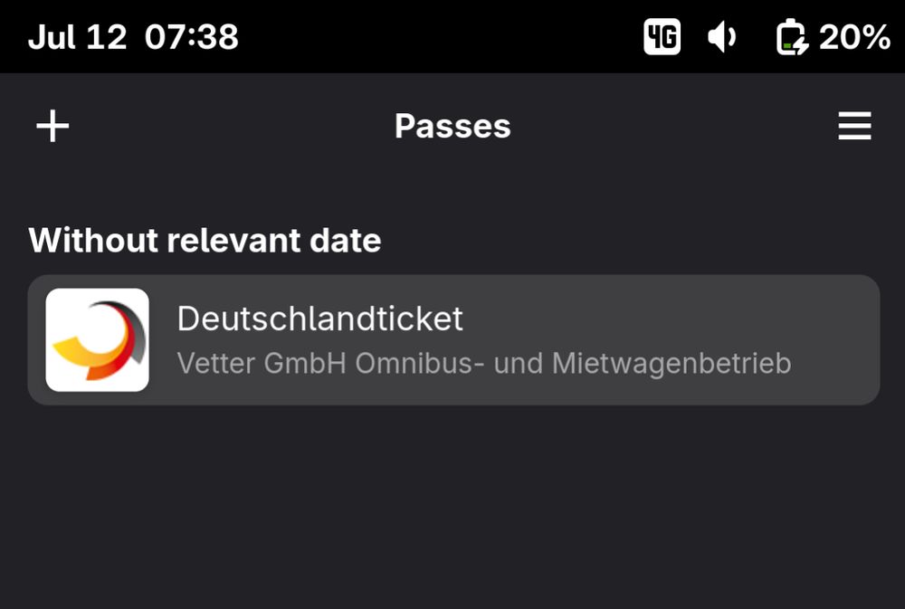Screenshot of the Linux mobile app Passes showing one entry in the wallet, rail passport Deutschlandticket