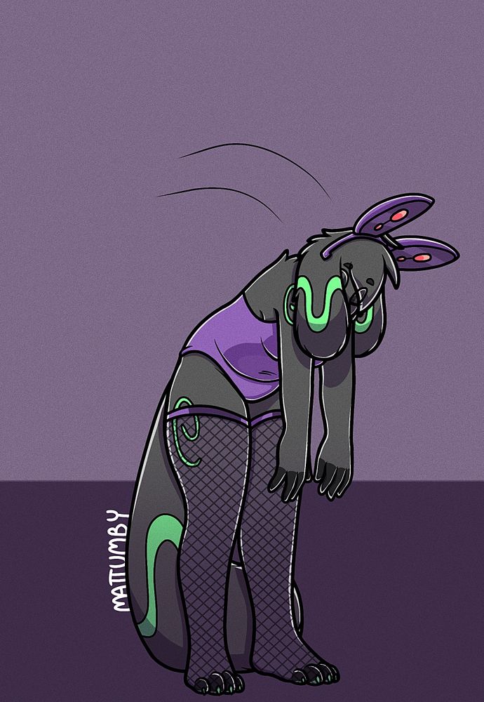 A sequence of three images.
Matty is dressed in a playboy-esque bunny suit, with fishnet stockings and a pair of robotic bunny ears on her head.
In the first image, her body tenses and trembles as the ears activate.
In the second, she slumps forward where she stands, eyes closed, arms hanging limply.
In the third, she is upright, turning around, and zombie walking, clearly under hypnotic control, drooling slightly as she marches, her pupils glowing red.