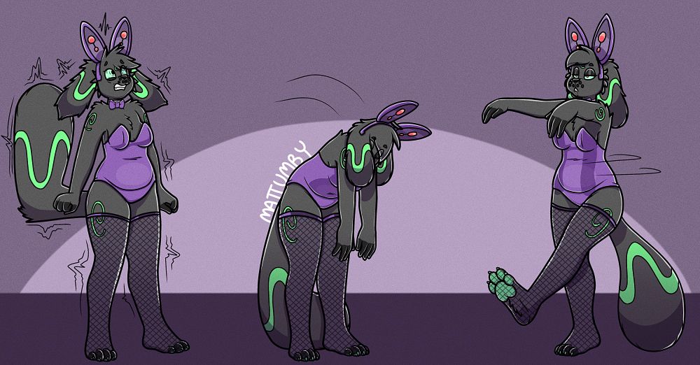 A sequence of three images.
Matty is dressed in a playboy-esque bunny suit, with fishnet stockings and a pair of robotic bunny ears on her head.
In the first image, her body tenses and trembles as the ears activate.
In the second, she slumps forward where she stands, eyes closed, arms hanging limply.
In the third, she is upright, turning around, and zombie walking, clearly under hypnotic control, drooling slightly as she marches, her pupils glowing red.