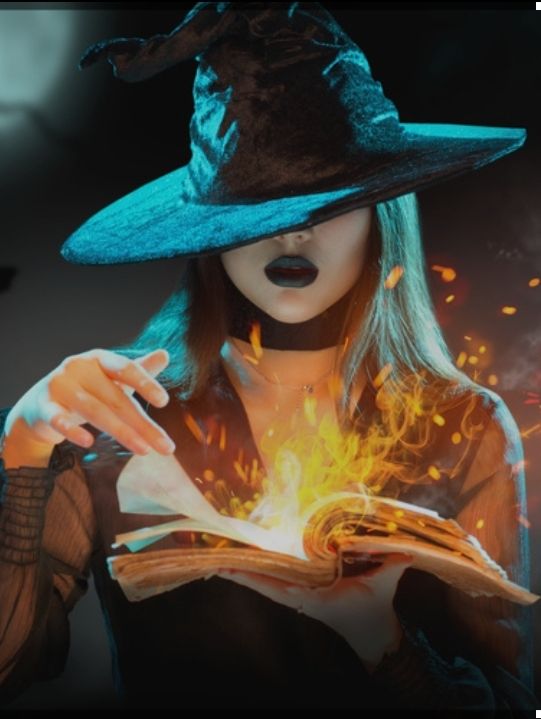 Sorcière cachée sous son chapeau pointu tenant un livre ouvert d où émerge des flammes 