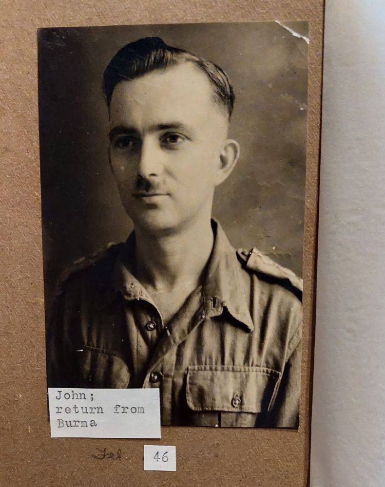 Photograph of British Army Captain, captioned “John: return from Burma”
