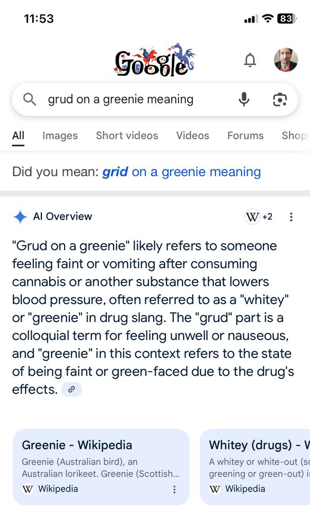 Google AI confidently bullshits an explanation of Judge Anderson’s occasional exclamation “Grud on a greenie!”