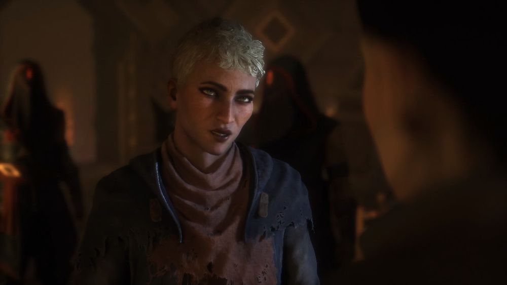 human rogue rook in a tavern. she's wearing her ragged starter gear and is surrounded by venatori.