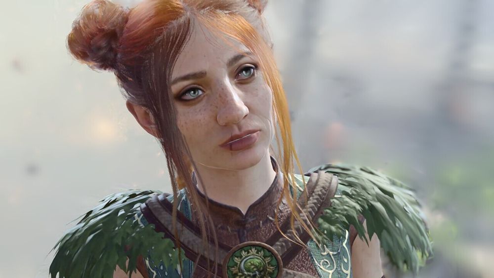 my tav nettles. she's a middle-aged halfling with light skin, orangey red hair that she keeps up on two space buns, green eyes and a prominent nose. she has a little scar on the corner of her lips that she got while she was foraging and had a one-sided fight with a bush (she lost).  
