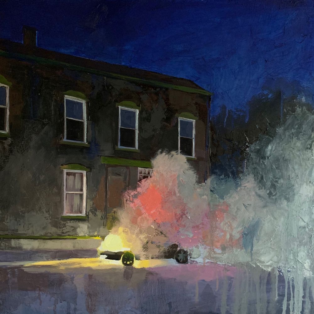 Oil painting of a car on fire at night in front of an old building. Yes this was a real fire, no one was harmed