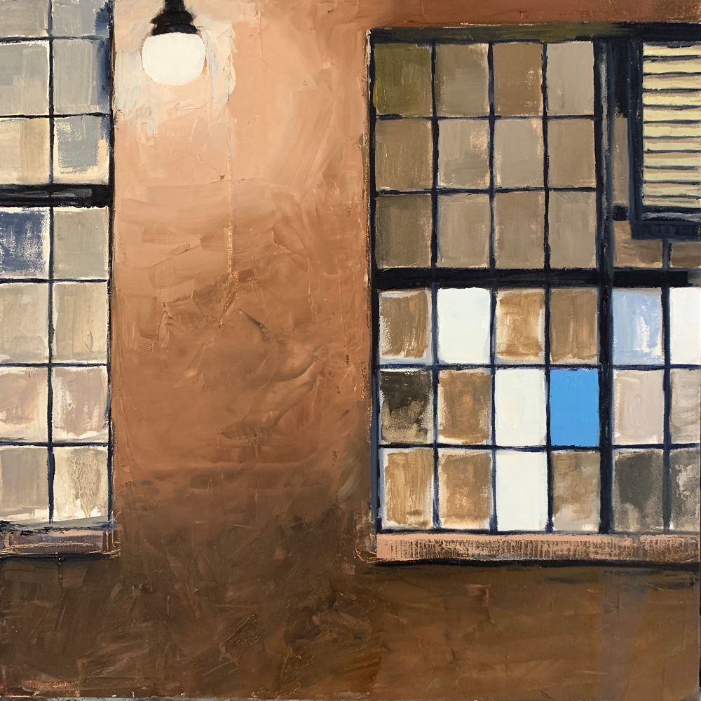 Oil painting of the wall of an old factory at night, there’s a lamp in the upper left, the windows are lit but painted over. One pane of glass is blue