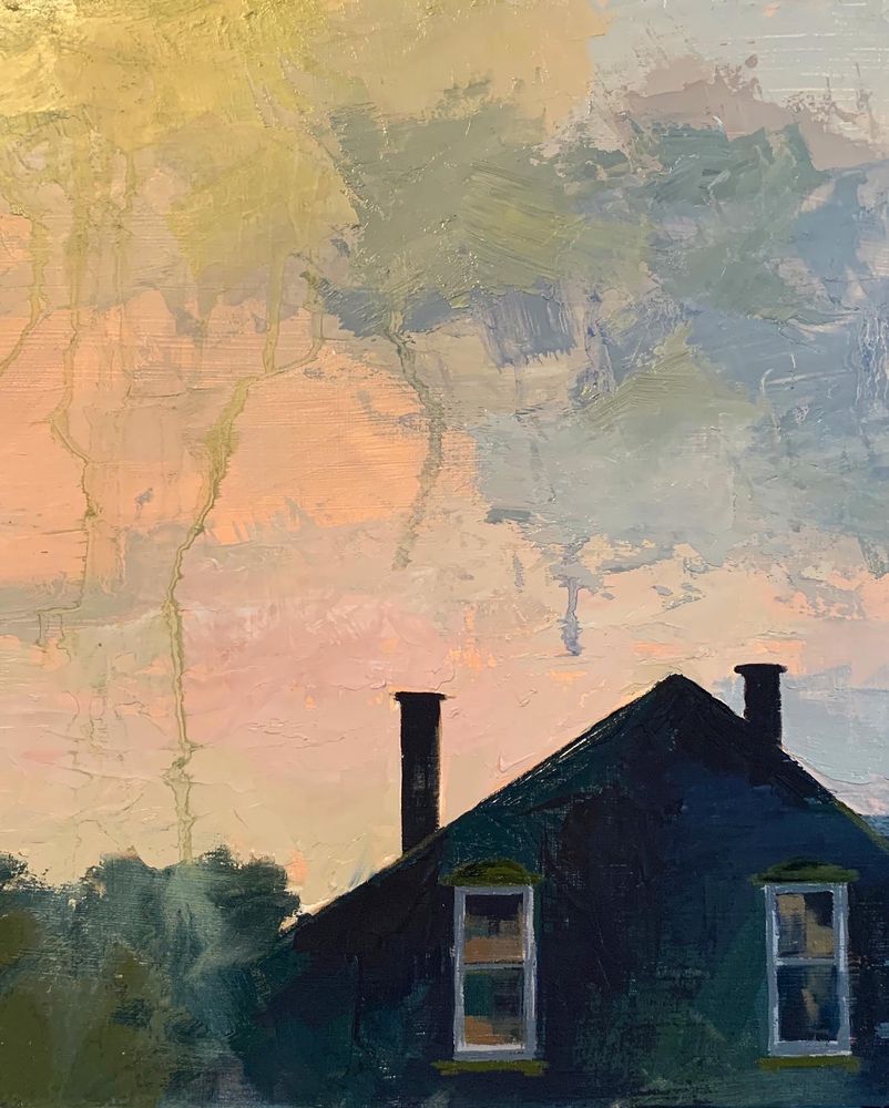 Square Painting of the roof of a house viewed from the 3rd floor so eye level, most of the painting is a drippy pink and mustard yellow sky