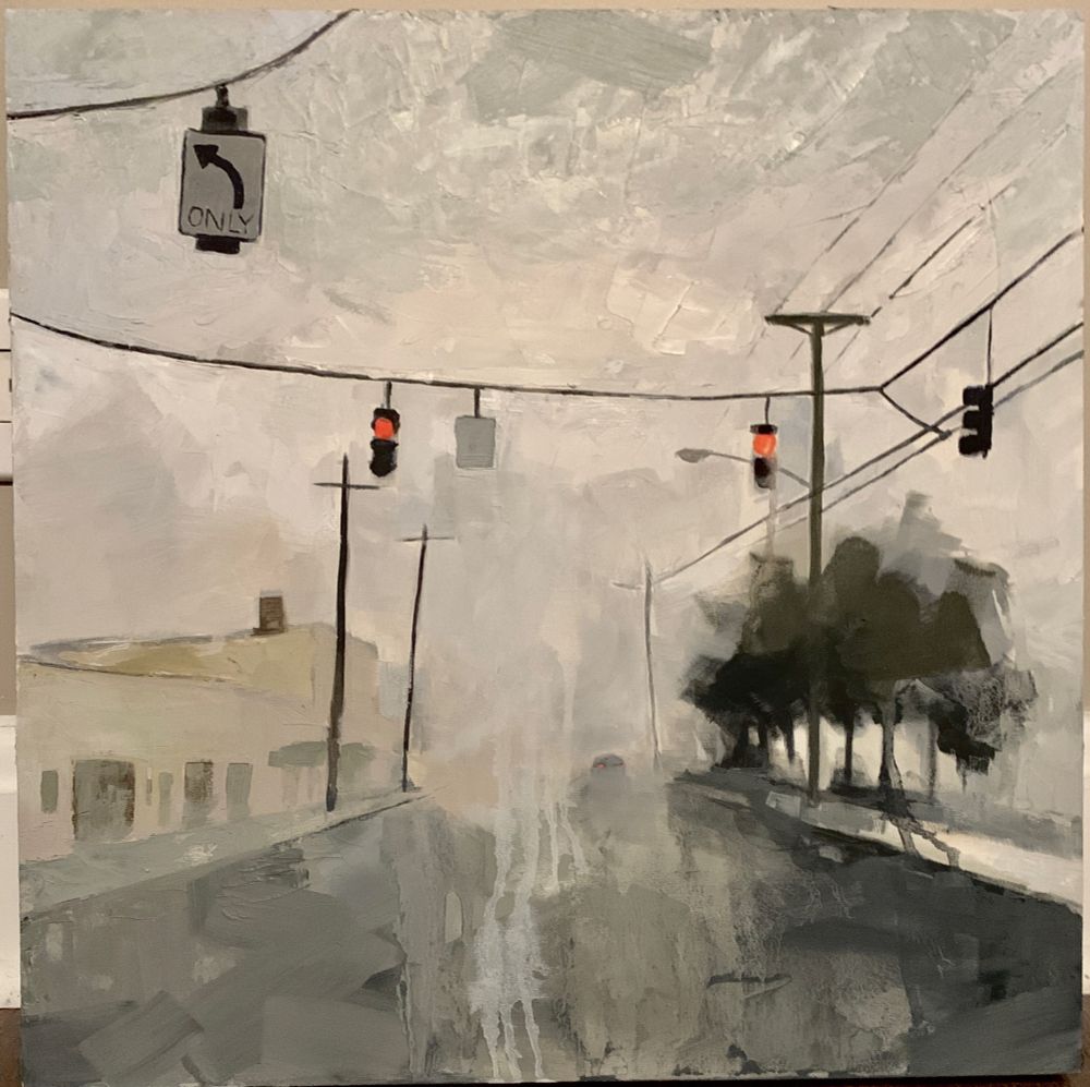Oil painting of a road disappearing into fog, the only color is in red traffic lights
