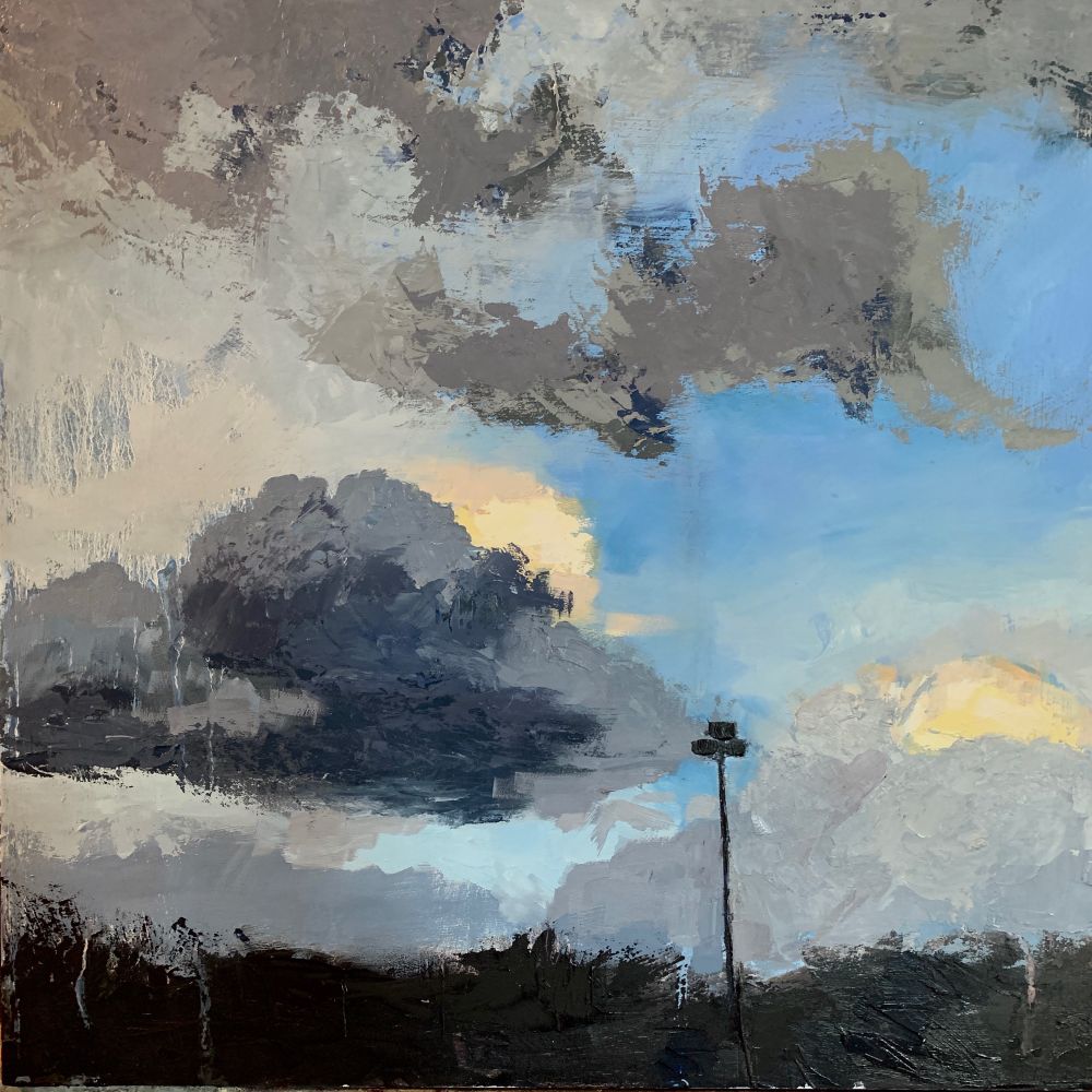 Oil painting of a evening sky with a storm coming in and with the silhouette of a lamppost in the bottom right corner 