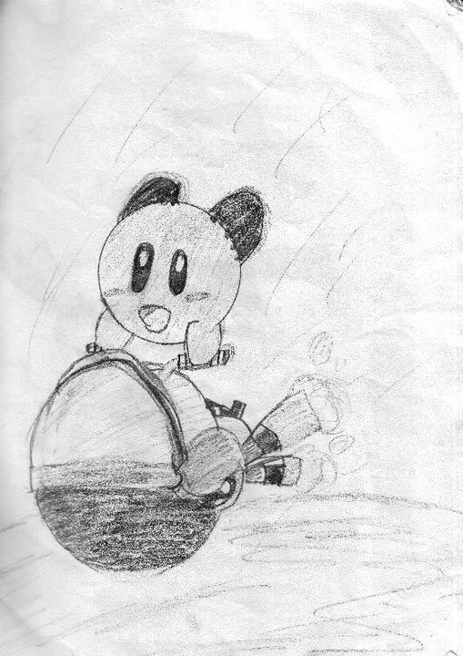 Child pencil drawing of art from Kirby Air Ride with Kirby riding a Wheelie vehicle