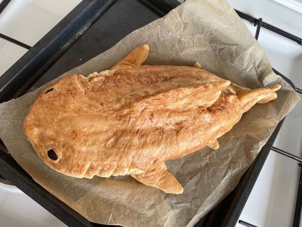 Top view of Great white shark shaped bread loaf with cocoa coloring