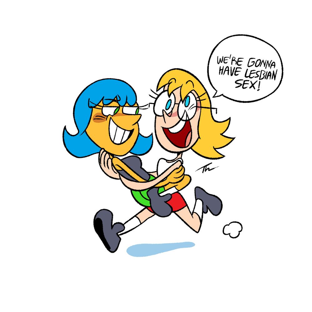 The art depicts a blonde girl (Brianne) happily holding a blue-haired girl (Leslie) while running. There's a text bubble on top of Brianne that reads "We're gonna have lesbian sex!"
Leslie & Brianne are characters from Keith Stack