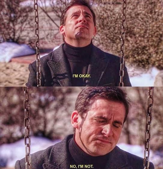 Deux cases l'une sur l'autre 
1ère case : un homme assis sur une balançoire lève les yeux au ciel et dit "I'm okay"
2ème case : le même homme est triste et dit "I'm not"