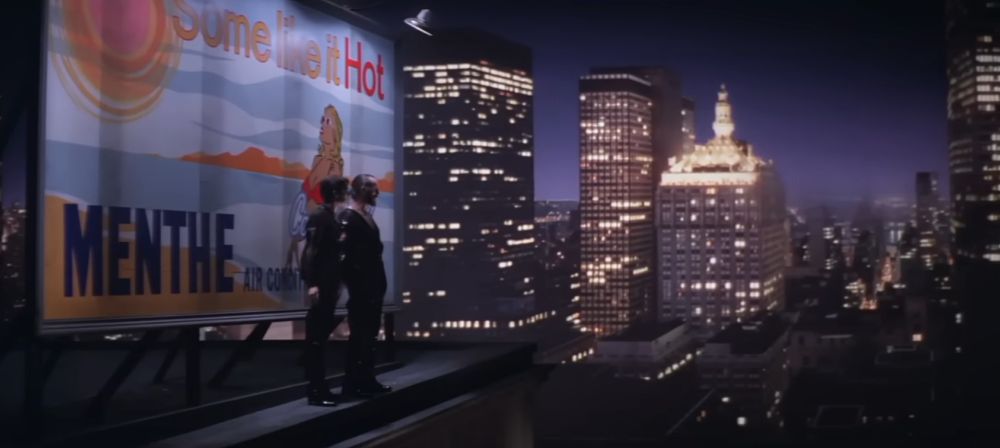 It's the scene in "Superman II" with Zod and Ursa standing in front of a billboard while Zod says, "This...'Super' 'Man'...is nothing of the kind! I've discovered his weakness! He cares. He actually CARES for these Earth people," because I wanted to make a silly joke.