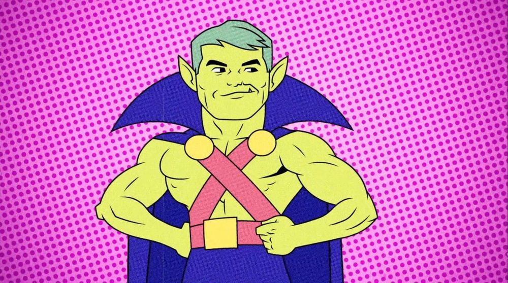 It's Beast Boy, disguised as the Martian Manhunter, in the "Teen Titans Go!" episode "Two Parter, Part 2." They're doing a riff on the "Superfriends" opening, hence the change in art style.