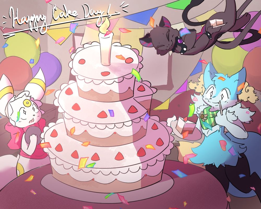 A blue Ice Braixen, a flying Mewlazzle, and a ribboned White Umbreon walk into a bar and enjoy a three-layer cake. 