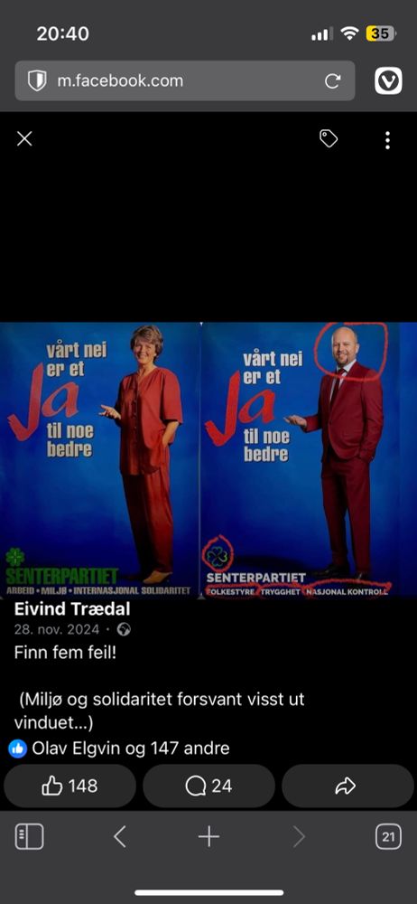 Screenshot av post fra Eivind Trædal fra 28/11/24 med Sp plakat fra 1994 og 2024, samme positur og ulike slagord. Fra arbeid/miljø/internasjonal solidaritet til folkestyre/trygghet/nasjonal kontroll