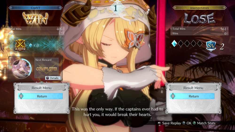 A Screenshot of the win screen of Granblue Fantasy Versus Rising, showing the Narmaya Player CopiVT winning a match, ranking them up into Masters. 