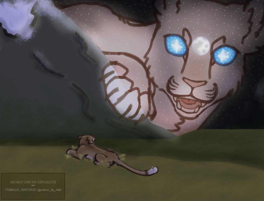 ID: A digital drawing of two cougars (Puma concolor) facing each other. One is far larger, with blue starry eyes and the moon between its brows (almost like a marking), speaking to the smaller one, which is laying in the grass and facing away from the viewer. The large one is ghostly & transparent with pale fur, caused by leucism. End ID.