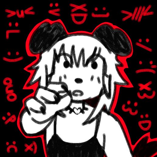a black white and red image of a dog person reaching out towards the viewer. they look stunned. various emoticons surround him.