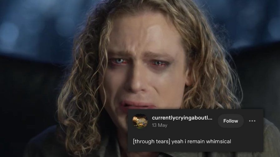 picture of lestat crying and a tumblr post screenshot that reads: "[through tears] yeah i remain whimsical"