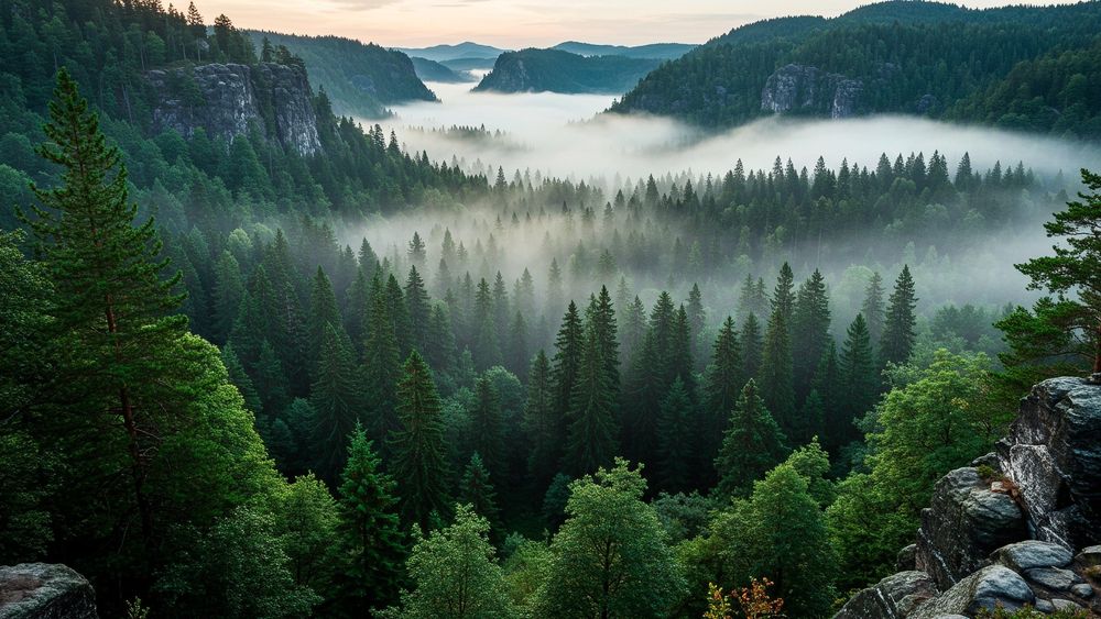 Misty valley with dense pine forests and tall mountains in the background.
