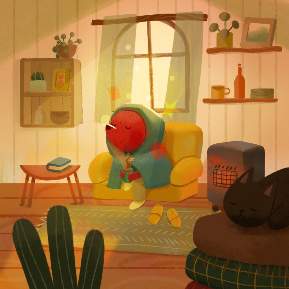 A fox in its house surrounded by a blanket, a heater, a book and holding a cup of tea.