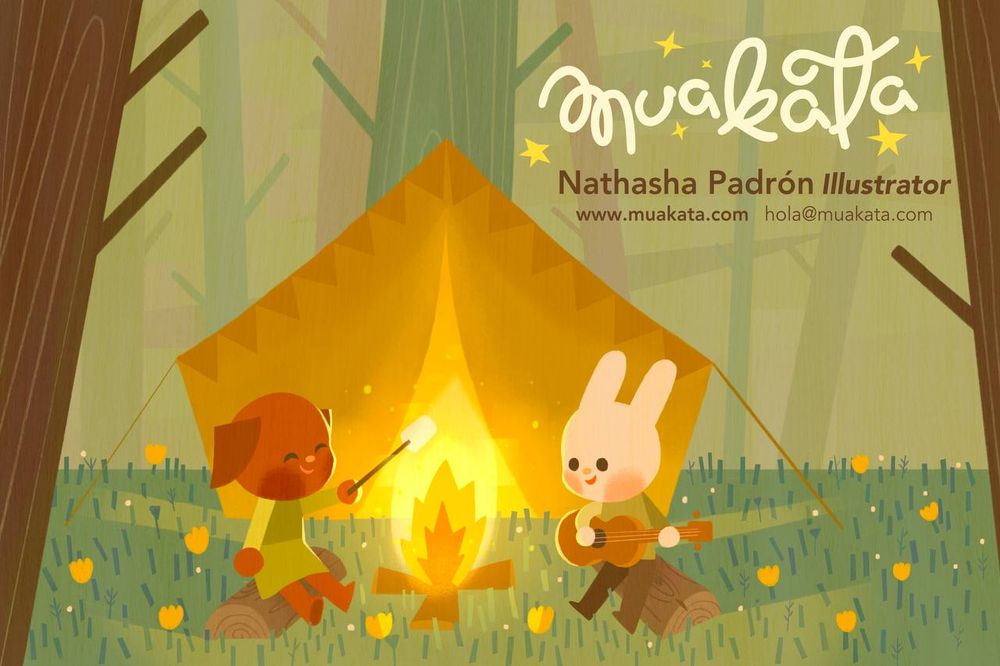A dog and a bunny sharing and toasting marshmallows, there's a campfire in the middle and a tent in the background, they are in a forest.