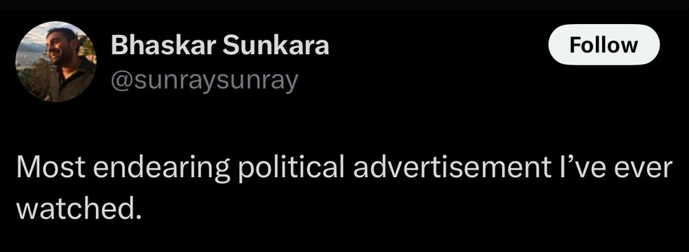 Tweet from Bhaskar Sunkara: Most endearing political advertisement l've ever watched.

https://x.com/sunraysunray/status/1933665746866868563 
