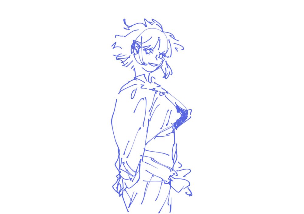 Quick sketch of a girl,half-turned toward the viewer, with her arms linked behind her back. 