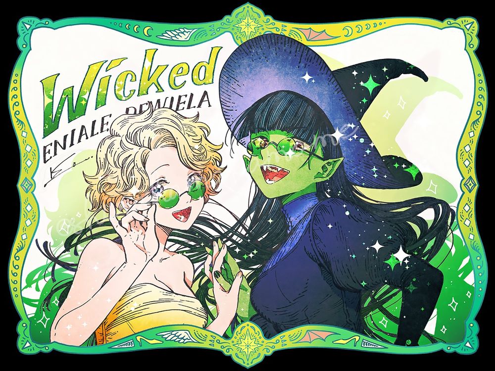 ミュージカル『ウィキッド』のコスプレをするエニデヴィの二人のバストアップイラスト。エニエルはグリンダ、デヴィエラはエルファバの仮装をしている。二人とも笑顔で大きく口を開け、手を合わせて歌っているような構図。