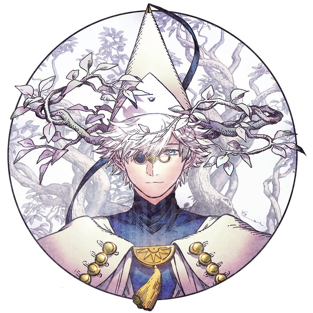 正面を向いて伏目がちに優しく微笑むキーフリーのイラスト。頭の周囲を取り囲むように銀葉樹が枝を伸ばしていて。鐔のようにも、角のようにも、冠のようにも見える。背景には3巻表紙の背景に置かれていた銀葉樹のイラスト。
