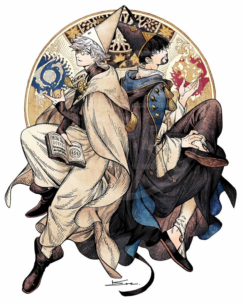 キーフリーとオルーギオの全身図のイラスト。キーフリーは水の球の魔法を、オルーギオは炎の球の魔法をそれぞれの右手に発生させて対比構図のようになっている。雲と星、銀葉樹をあしらった正円状の壁画の前に背中合わせに腰掛けて、少し微笑んだ顔でこちらを見ているようす。