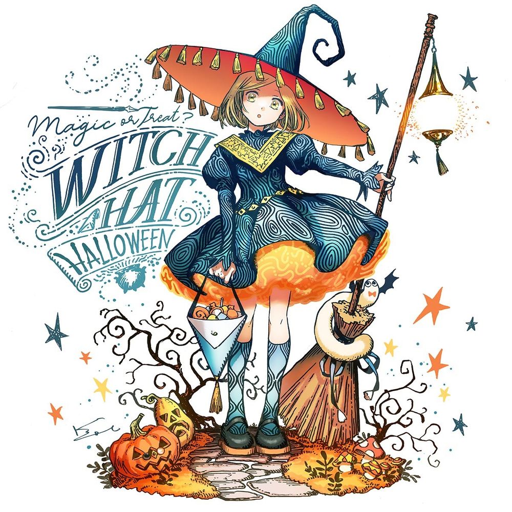 2022年のハロウィンイラスト。つばあり帽子の魔法使いのコスプレをしているココ。コウモリの羽をつけたフデムシが乗っている箒と、色とりどりのお菓子が入ったとんがり帽子を手に持っている。足元には眼鏡をかけたカボチャと髭のあるカボチャ、毒々しい枯れ木とキノコが生えている。絵の左側には手書きで『magic or treat? witch hat halloween』の文字。