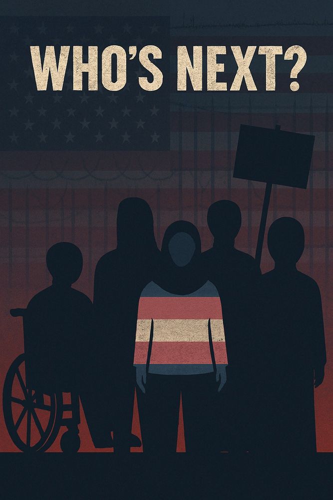 A digital illustration in a bold, graphic style. Five silhouetted human figures stand side by side, each representing a different marginalized identity. They are layered over a distressed American flag that is faded, desaturated, and subtly overlaid with barbed wire textures. The figures are abstract but distinct—some feminine, some masculine, some androgynous—with one subtly incorporating the light pink, light blue, and white colors of the trans flag. Above them, large bold text reads: “WHO’S NEXT?” The overall tone is somber and urgent, evoking themes of surveillance, criminalization, and targeted state violence. The visual calls attention to the threat of escalating authoritarianism in the U.S.