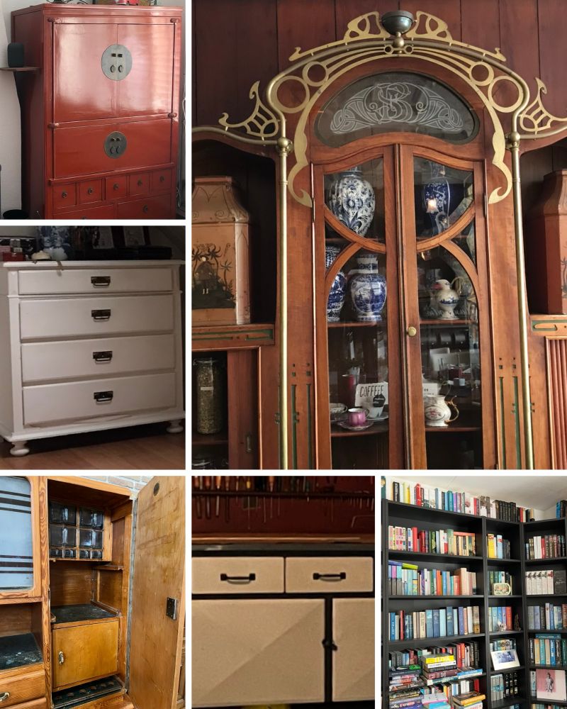 Rode chinese kast, Jugendstil kast, boekenkast, metalen gereedschapskast, kringloopkast met allerlei geheime vakjes, wit oud ladenkastje