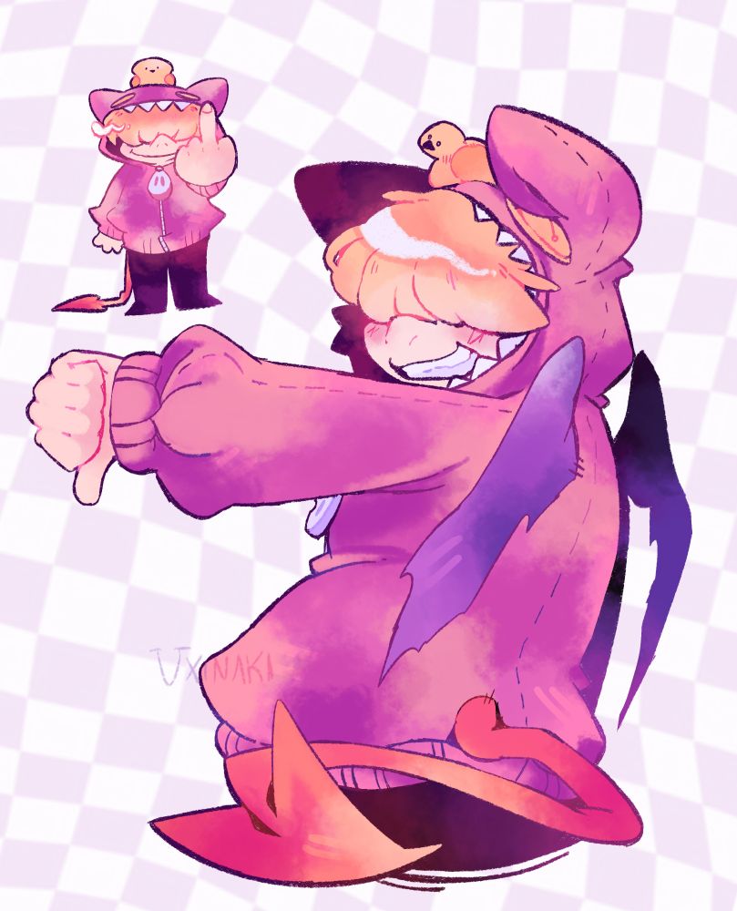 Porky Minch from the MOTHER / Earthbound series in a hoodie based on the ultimate chimera. He's doing a thumbs down on the right drawing and giving the viewer the middle finger on the smaller drawing in the top left corner.