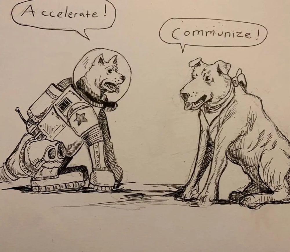 Drawing of Laika in space suit with Negro Matapacos 