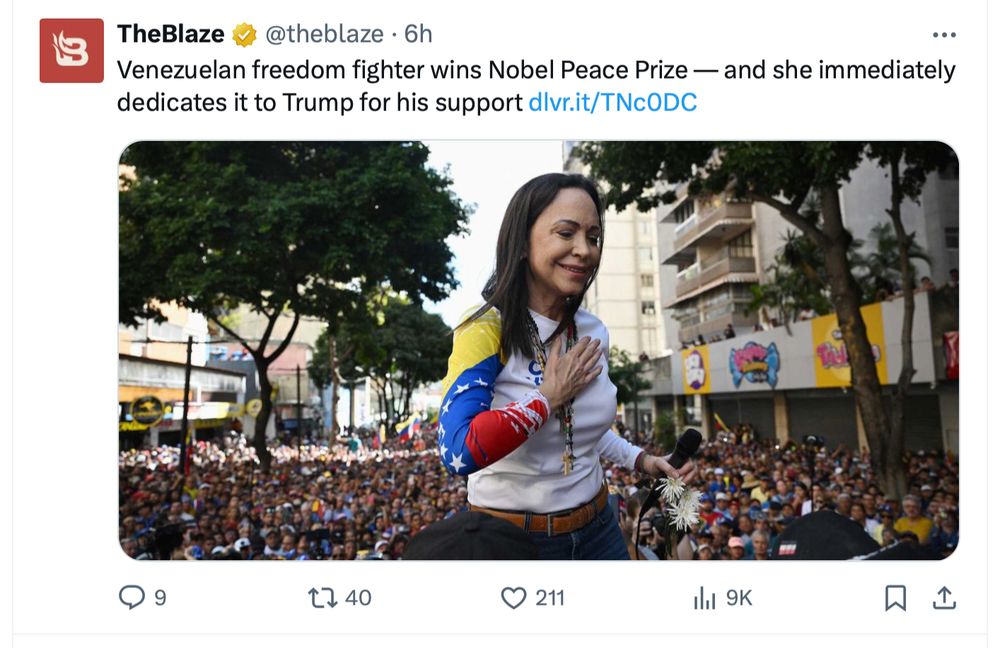 The Blaze notes Machado dedicated her nobel prize to Trump. 