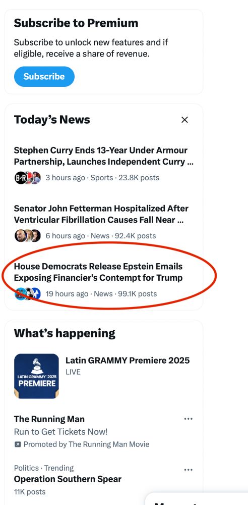 Trending bar on X shows a headline that reads: House Democrats Release Epstein Emails Exposing Financier's Contempt for Trump.