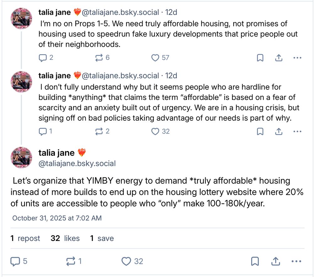Talia Jane's posts text reads: 

‪talia jane ❤️‍🔥‬
‪@taliajane.bsky.social‬
· 12d
 I’m no on Props 1-5. We need truly affordable housing, not promises of housing used to speedrun fake luxury developments that price people out of their neighborhoods. 

2

6

57




‪talia jane ❤️‍🔥‬
‪@taliajane.bsky.social‬
· 12d
 I don’t fully understand why but it seems people who are hardline for building *anything* that claims the term “affordable” is based on a fear of scarcity and an anxiety built out of urgency. We are in a housing crisis, but signing off on bad policies taking advantage of our needs is part of why. 

1

2

32




talia jane ❤️‍🔥
‪@taliajane.bsky.social‬
 Let’s organize that YIMBY energy to demand *truly affordable* housing instead of more builds to end up on the housing lottery website where 20% of units are accessible to people who “only” make 100-180k/year. 