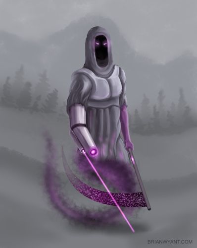 My painting of a haunting gray-robed hooded ghostly reaper with purple eyes, a shimmering purple-bladed scythe in their left hand and a cybernetic laser-sighted energy cannon for their right forearm. They float thru a gray landscape on a purple-and-black smokey snake-like lower body.