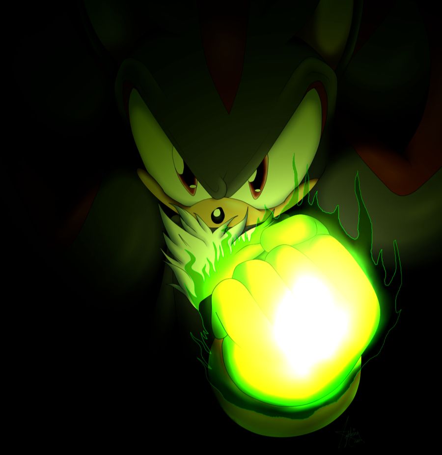 Shadow the Hedgehog shrouded in darkness raises a green glowing fist. He appears ready to harness the power of the Chaos Force and show you his "real power."