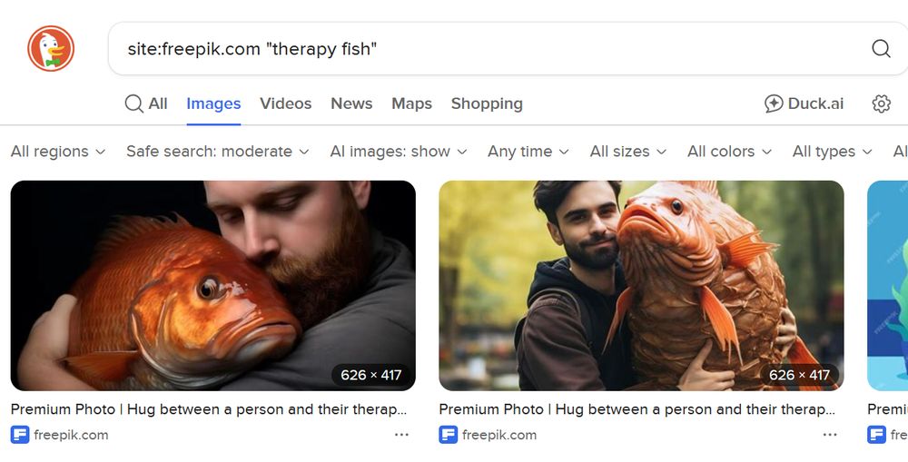 A duckduckgo image search window with the search terms "therapy fish". The two image results show a bearded person affectionately embracing large orange carp-like fish.