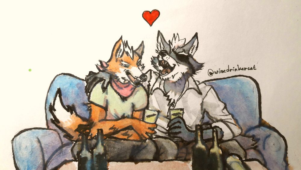 Watercolour painting of Fox and Wolf sitting on a couch, with several bottles of some alcoholic drink in front of them. They're both holding cups. Wolf has his arm around Fox's shoulders. Fox is smiling and talking about something, while Wolf is laughing.