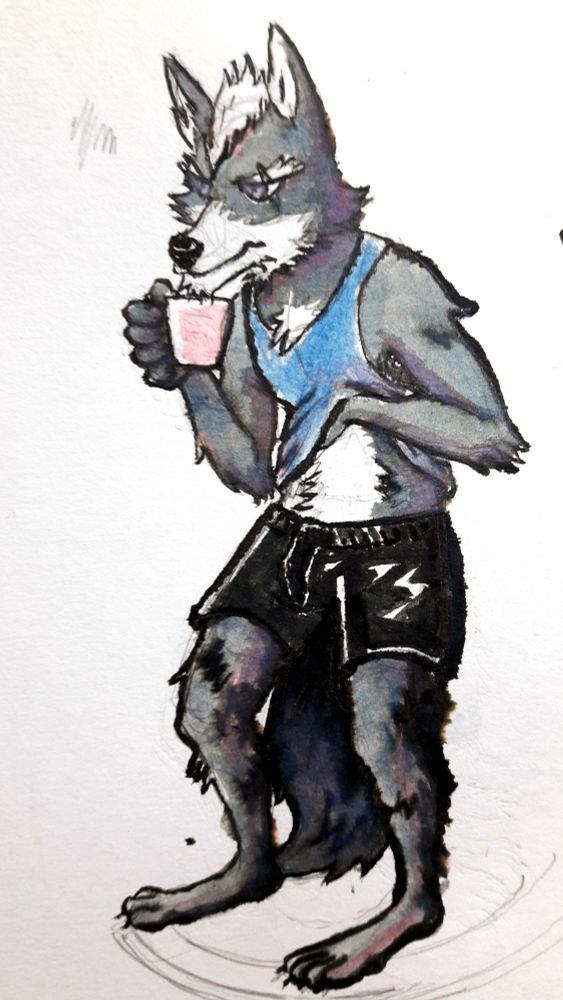 Watercolour painting of Wolf standing while holding a mug in his hand. Presumably the mug has coffee, because Wolf looks sleepy and cranky. He is dressed only in underwear and a tanktop, lifted enough for us to see his fluffy belly as he scratches it with his other hand.