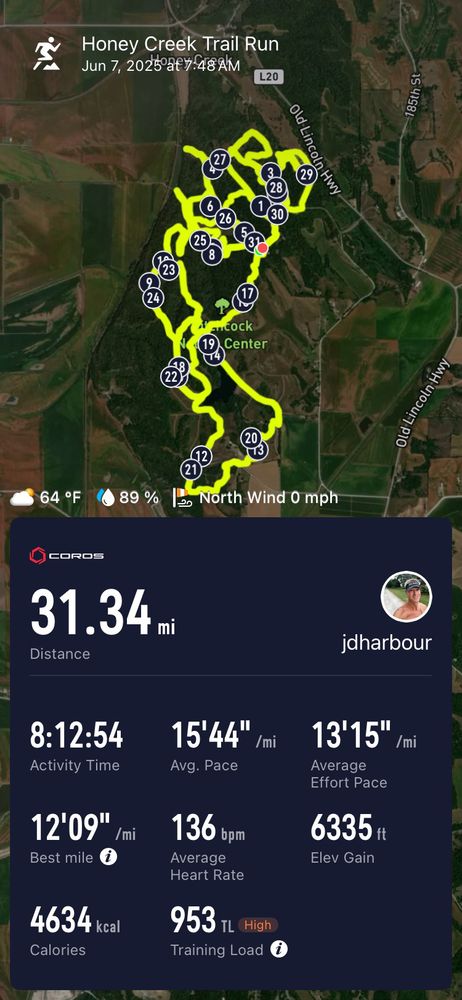 Map of the trail run with details of distance (31.34 miles), pace, elevation gain (6335 ft), and other metrics.